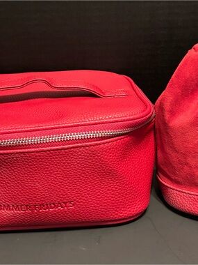 Summer Fridays Bright Red Pebbled Leather Cosmetic Case & Drawstring Bag-Disc